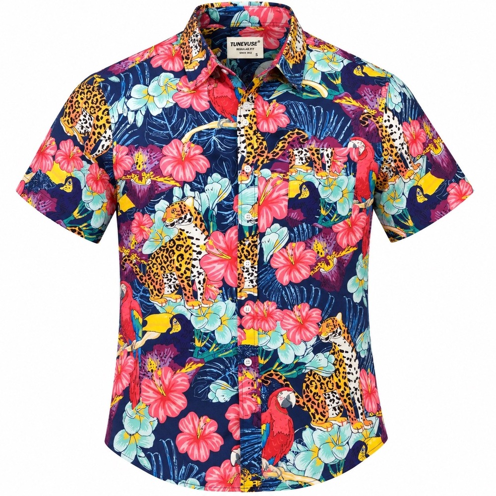 Tunevuse Men's Small Tropical Hawaiian Shirt Leopard Parrot Floral Button Down